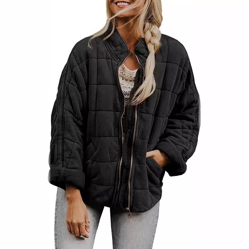 Women's Causal Lightweight Quilted Jackets Long Sleeve Oversized Warm Winter Zip Up Coat with Pockets