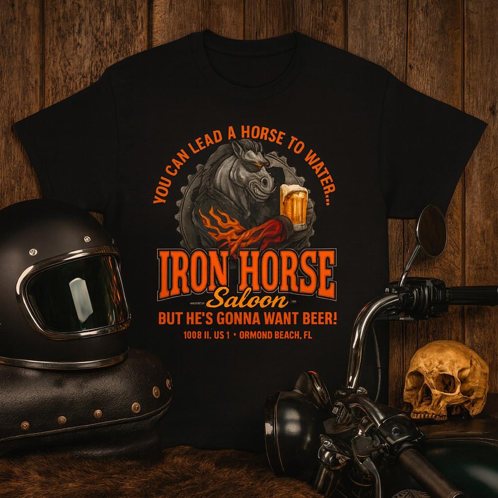 Iron Horse Saloon T-Shirt – Biker Bar Graphic Tee Shirt Motorcycle Rally Apparel Unisex T-Shirt