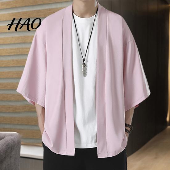 Shirt Coat Men Kimono Japanese Style Solid Color Samurai Costume Regular Fit Asian Clothes Three Quarter Cardigan Jacket Top