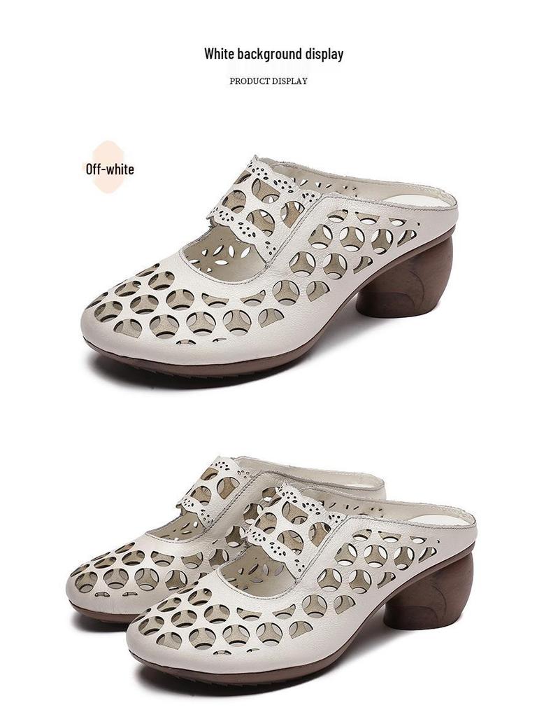 Женские шлепанцы Baotou из натуральной кожи на среднем каблуке в этническом стиле - Летние 2025 с полыми сандалиями на мягкой подошве