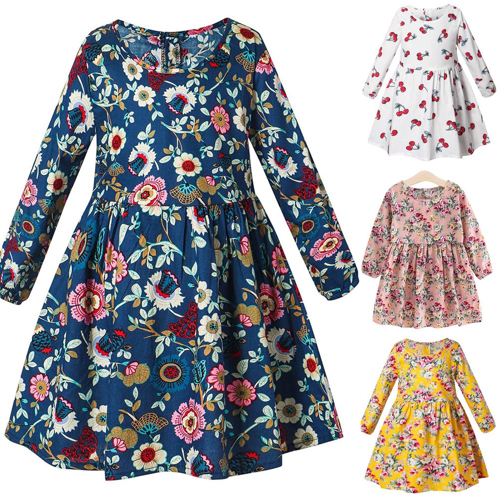 Хлопковое детское платье с длинными рукавами и цветочным принтом для девочек