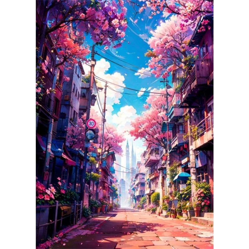 Japanese Street Scenery Cherry Blossom Architecture Canvas Poster Flowers Plants Landscape Wall Art Prints for Modern Home Decor