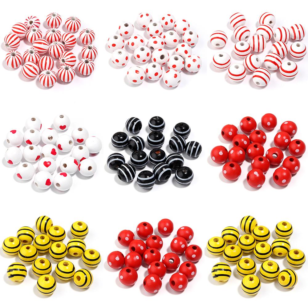 20Pcs 16mm Natural Wood Beads Colorful Stripe Heart  Printing Large Hole Round Beads DIY Craft Bracelet Kid's Toy  Accessories