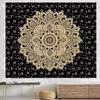 Indian Traditional Mandala Hippie Wall Hanging, Cotton Tapestry Ombre Bohemian Bedspread (Black Gold Flower)