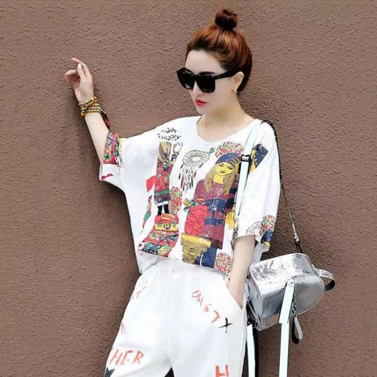 Женский комплект из 2 шт./компл., футболка с V-образным вырезом в стиле хип-хоп и принтом, брюки, топ с ремешками на щиколотке