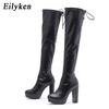Eilyken Sexy Leopard Grain Over The Knee Boots Women Fashion Round Toe Cross Lace-up Square High Heels Platform Shoes Booties