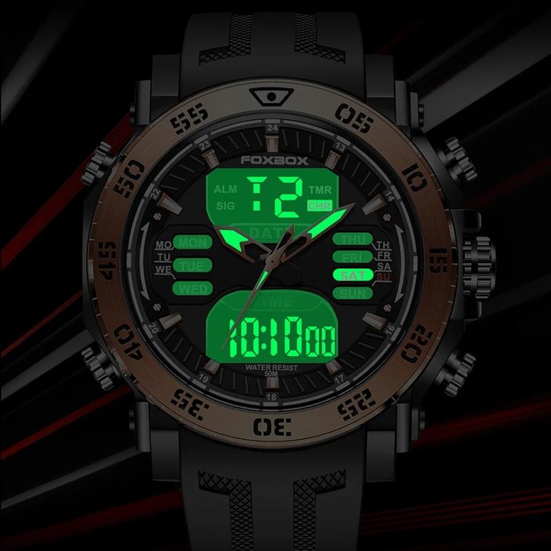 LIGE Мужские часы с двойным дисплеем, военные армейские часы FOXBOX, мужские часы 50 м, водонепроницаемые наручные часы, светодиодные кварцевые часы, спортивные часы