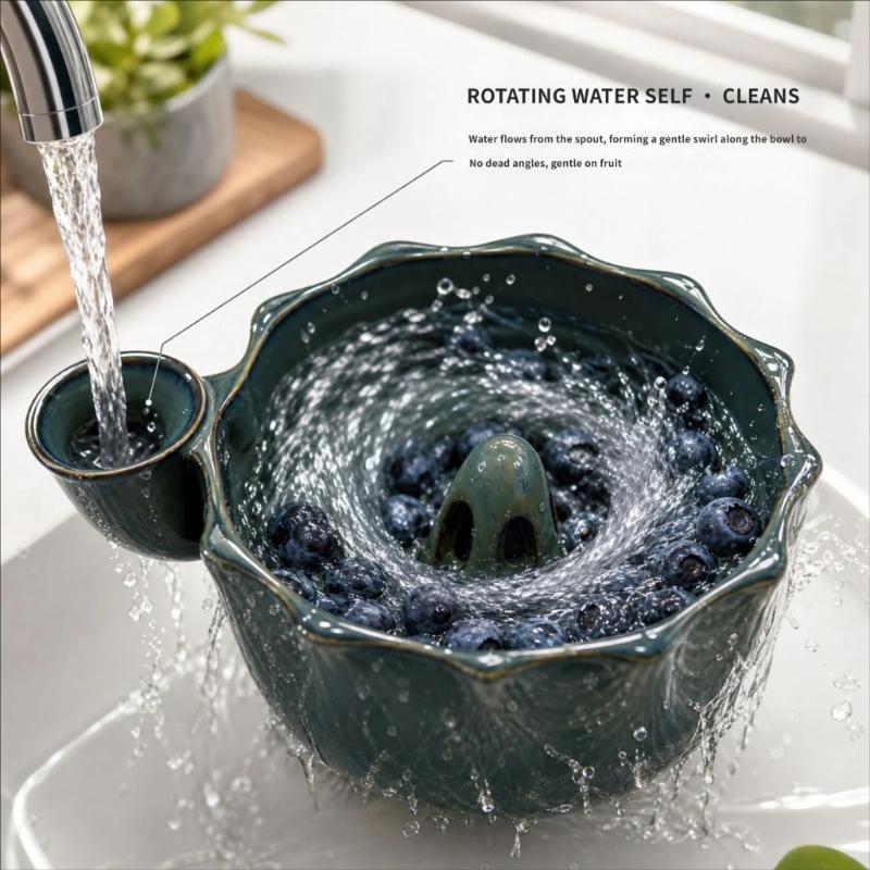 Small Produce Washing Bowl with Glazed Body, Center Water Guide and Drain Holes for Daily Kitchen Serving Use Often