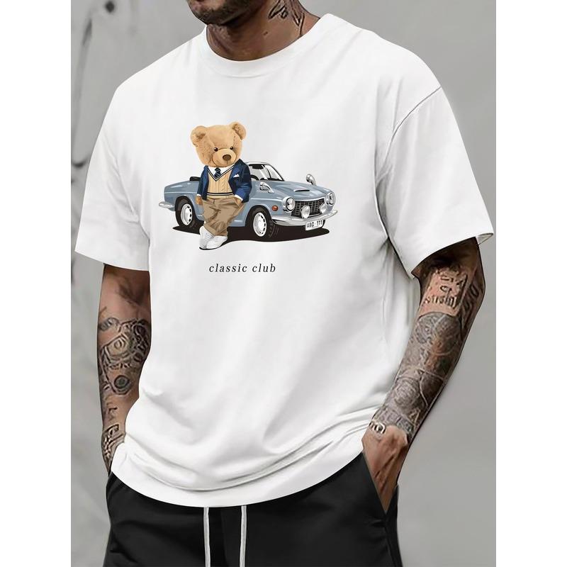 Men'S Vintage-Inspired Teddy Bear & Classic Car Graphic T-Shirt | Soft Stretch Blend, Relaxed Fit Crew Neck Tee for Summer Casual Streetwear, Couples