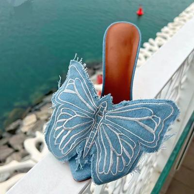 Aneikeh Элегантные сексуальные босоножки с острым носком и открытым носком на тонком каблуке, женские джинсовые босоножки с декором в виде бабочки, вечернее платье на высоком каблуке, мюли Zapatos