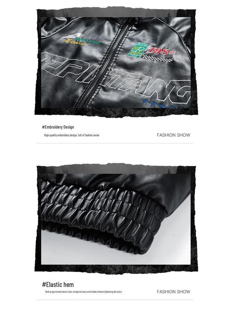 Мужская зимняя куртка 2024 года из искусственной кожи с вышивкой и воротником-стойкой — модный и повседневный американский стиль