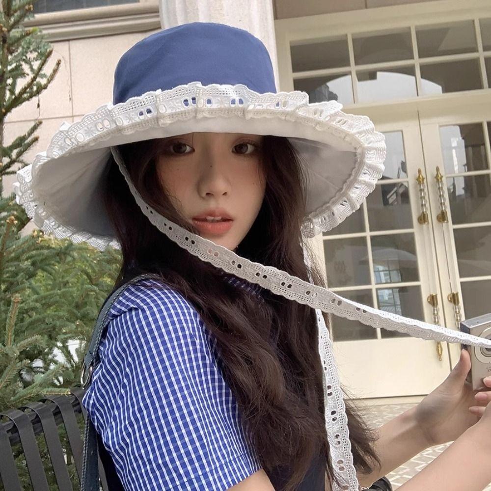 Sweet Cowboy Fisherman Hat French Style Women's Sun Hat Sunscreen Lace Ribbon Hat Girls