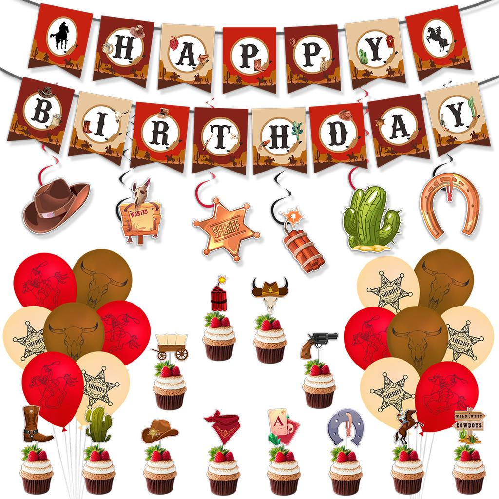 Western Cowboy Themed Birthday Party Decoration Birthday Banner Spiral Pendant Balloon Cake Plug