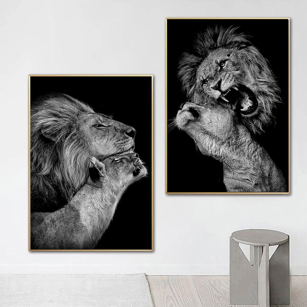 Animals Black And White Lions Love Family Prints Poster Canvas Painting Modern Wall Art Pictures Living Room Bedroom Home Decor