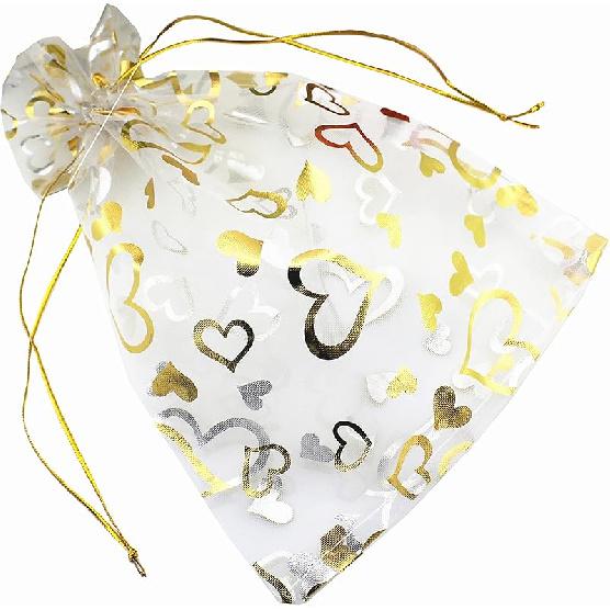 QIANHAILIZZ 100 шт. 18x23 см Мешочки с завязками Цветок Сердце Органза Мешочек для украшений Подарочный мешочек Мешочек для конфет Мешочки с завязками для свадебных сувениров (золотое сердце)