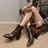 Vintage Leather Women Ankle Boots New Fashion Elegant Metal Square Toe Shoes Autumn Winter Thick Heel Women's Short Booties