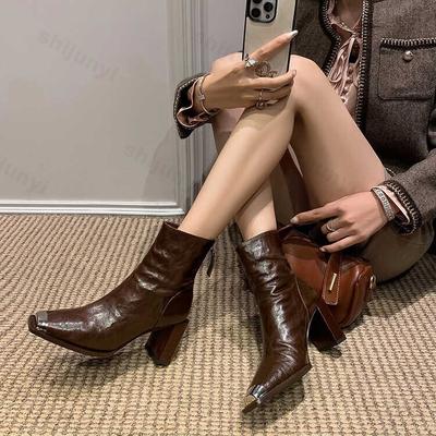 Винтажные кожаные женские ботильоны, новые модные элегантные туфли с квадратным носком из металла, осенне-зимние женские короткие ботильоны с толстым каблуком