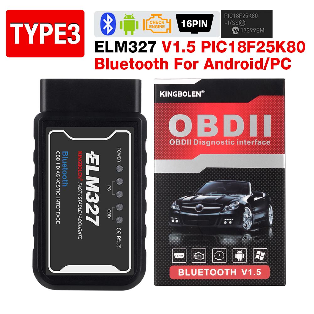Kingbolen ELM327 V1.5 PIC18F25K80 Chip OBD2 Scanner Car Code Reader BT WiFi ELM 327 auto Diagnostic scan Tool For iPhone/Android