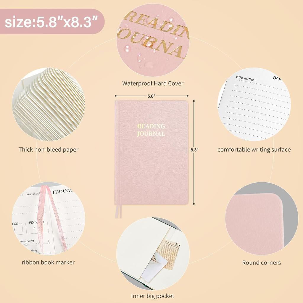 Журнал для чтения из розовой кожи 5,8x8,3 - подарок для любителей книг и читателей, просматривайте и отслеживайте свое чтение с помощью 65 обзоров книг
