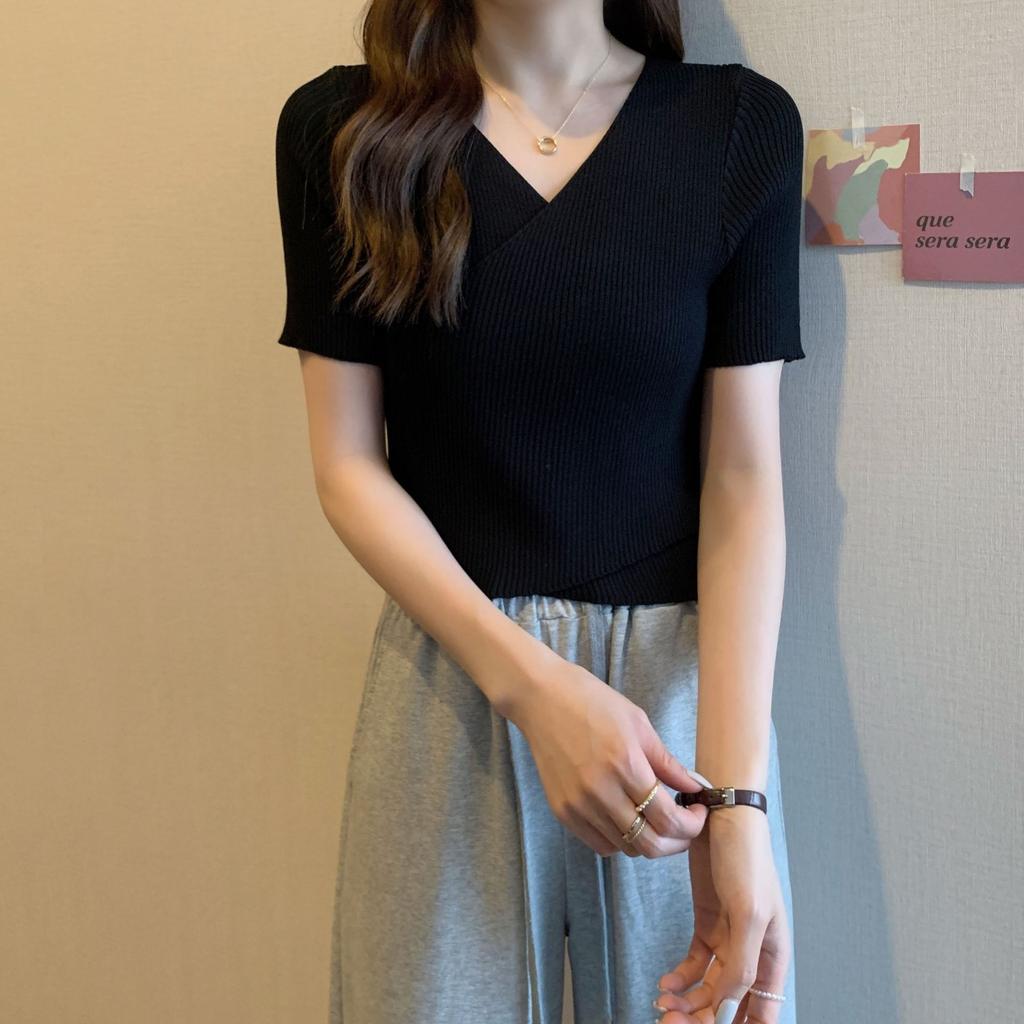 Летняя трикотажная рубашка с V-образным вырезом и короткими рукавами, тонкая узкая футболка, женская дизайнерская модель, короткие топы Sense Cross, повседневные, базовые, удобные, стильные, облегающие, пуловеры, футболки