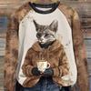 Cartoon Cat Round Neck Sweater Printed Women's Autumn Raglan Sleeve Cartoon Casual Round Neck Sweater Casual Pullover Top