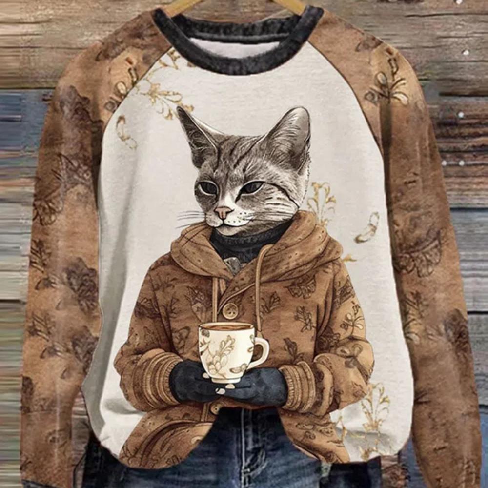 Cartoon Cat Round Neck Sweater Printed Women's Autumn Raglan Sleeve Cartoon Casual Round Neck Sweater Casual Pullover Top