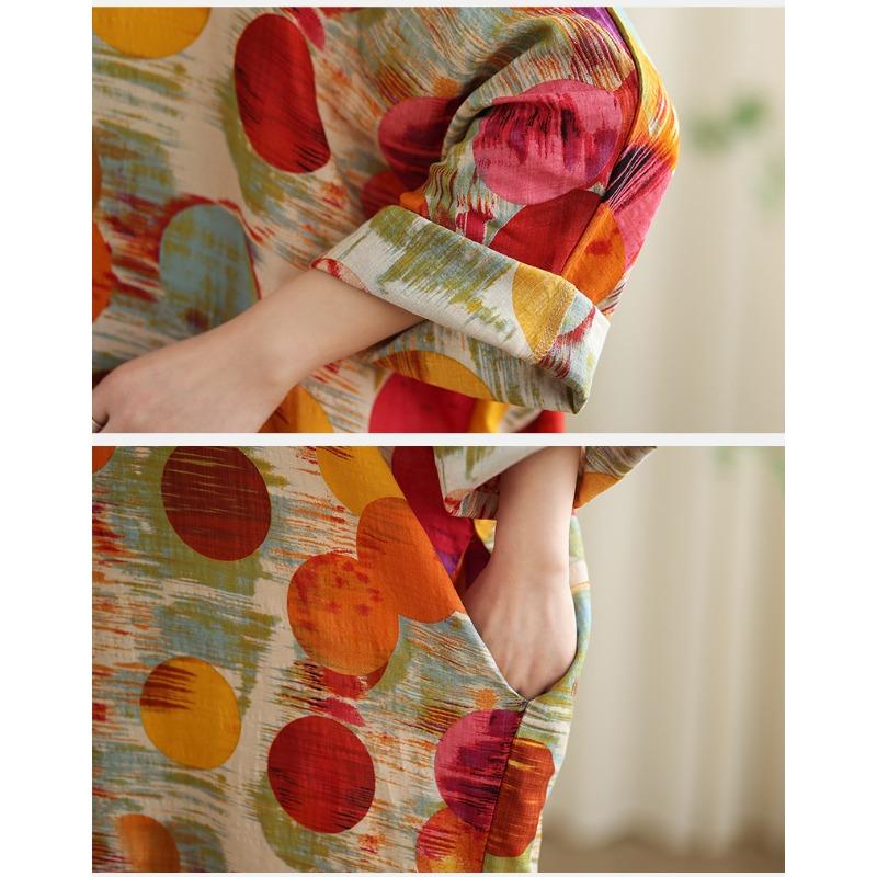 Dimanaf 2025 Женское платье больших размеров Весна-лето Базовое длинное платье в горошек Винтажное свободное V-образное вырезное длинное рукав