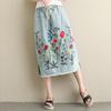 Women Midi Skirt Elastic Drawstring Waist Embroidery Flower Pattern Denim Skirt with Pockets Side Split Hem Skirt
