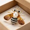 Fashion Enamel Honey Bee Brooch Shiny Rhinestone Faux Pearl Durable Alloy Pin for Coat Dress Scarf Gift for Girls
