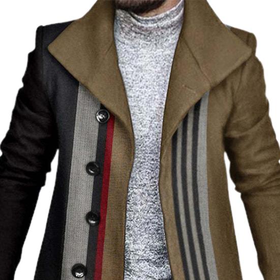 Lapel Long Sleeves Pockets Single-breasted Men Windbreaker Autumn Winter Mid-Length Plaid Patchwork Thickened Woolen Coat