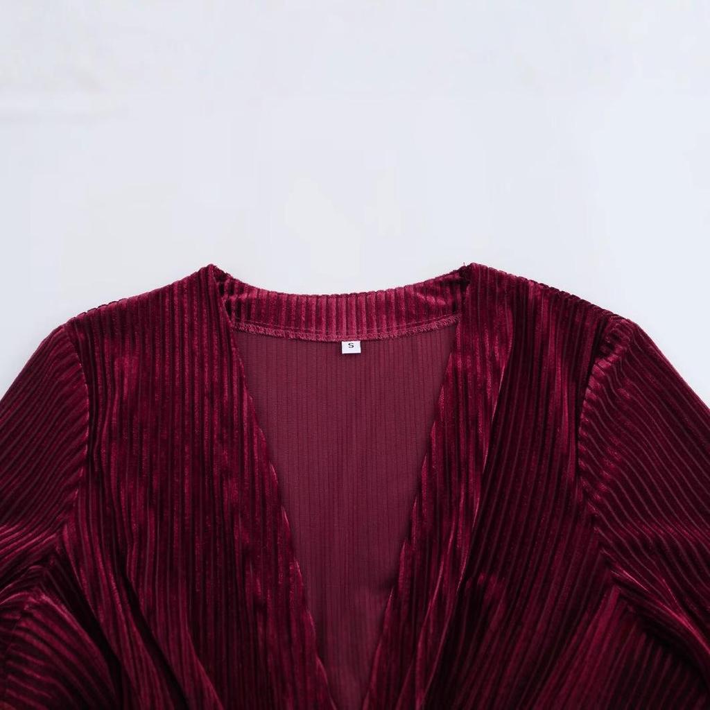 2025 Spring Women's European-American Velvet Knot Dress with Lining