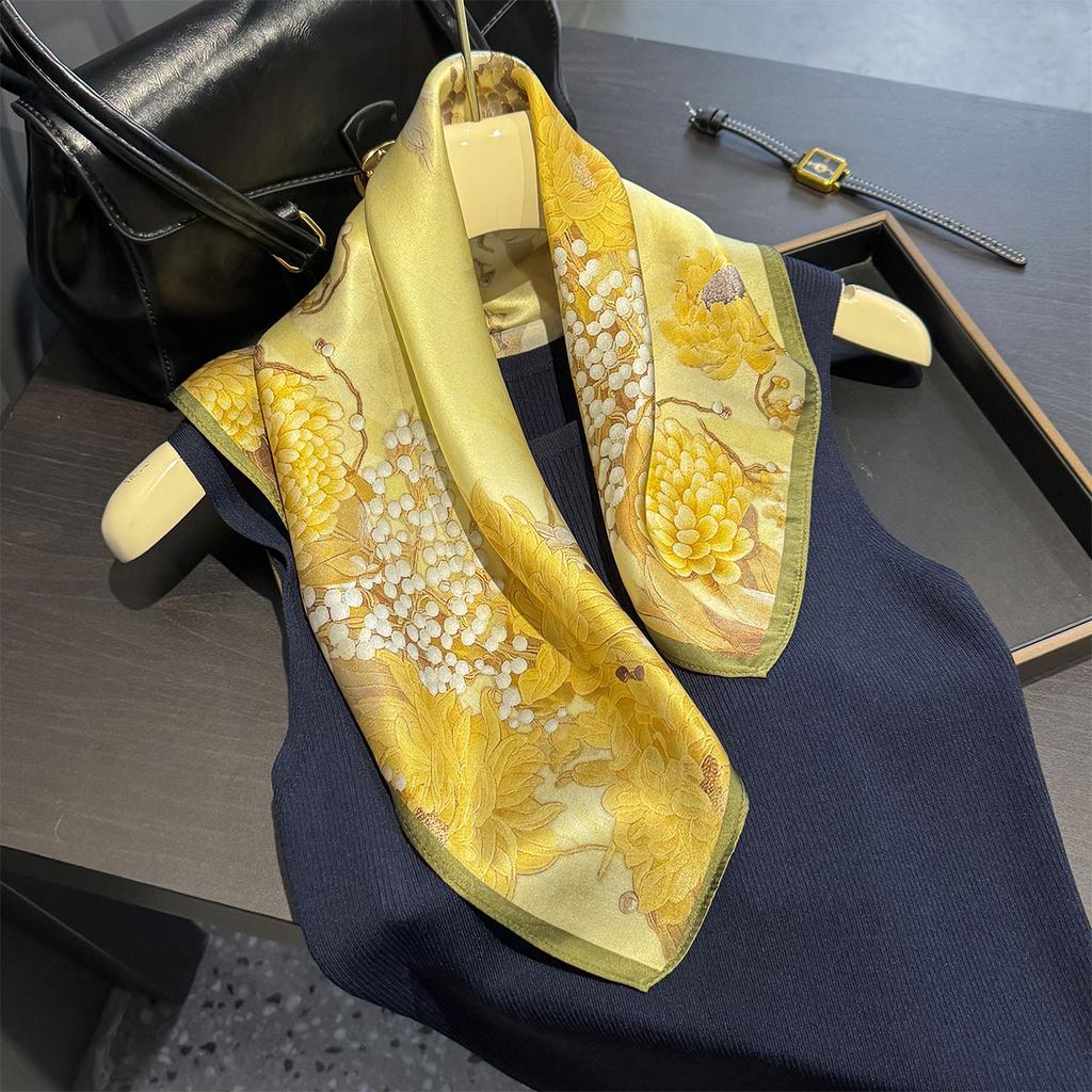 TOP 100% Silk Scarf Bright Color Floral Print Scarfs Shawls For Women 53cm Square Scarf Hangzhou Thin Summer Bag ScarfsSca