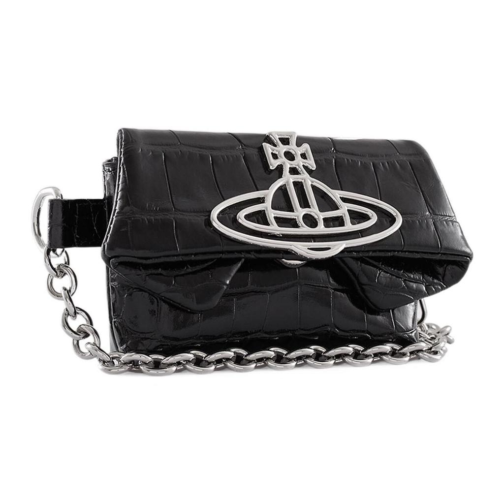 Vivienne Westwood Saturn Logo Snap Closure Crocodile Pattern Embossed Surface Mini Waist Bag Women waist bag Black 51130009UL0039N401