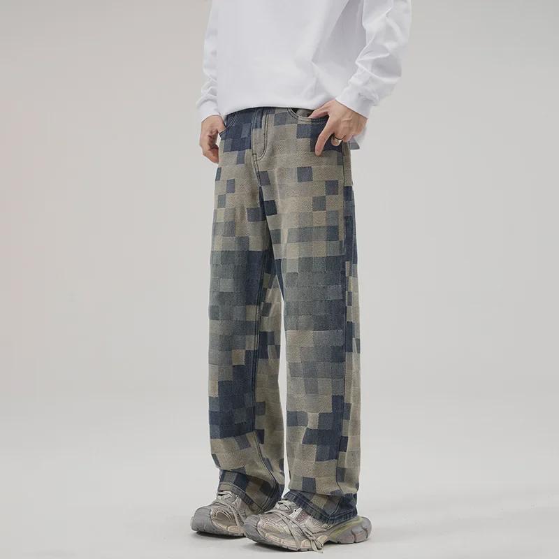 Джинсы Mosaic Grid: Мужские прямые широкие брюки High Street Fashion
