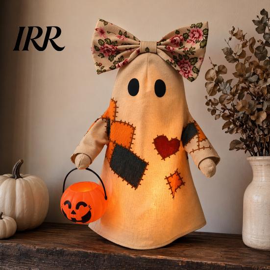 Halloween Soft Light Decor Lighted Vintage Patchwork Ghost, Up Quilted Ghost Doll with Pumpkin Warm Amber Bucket Lantern, Rustic Farmhouse Cute Statue