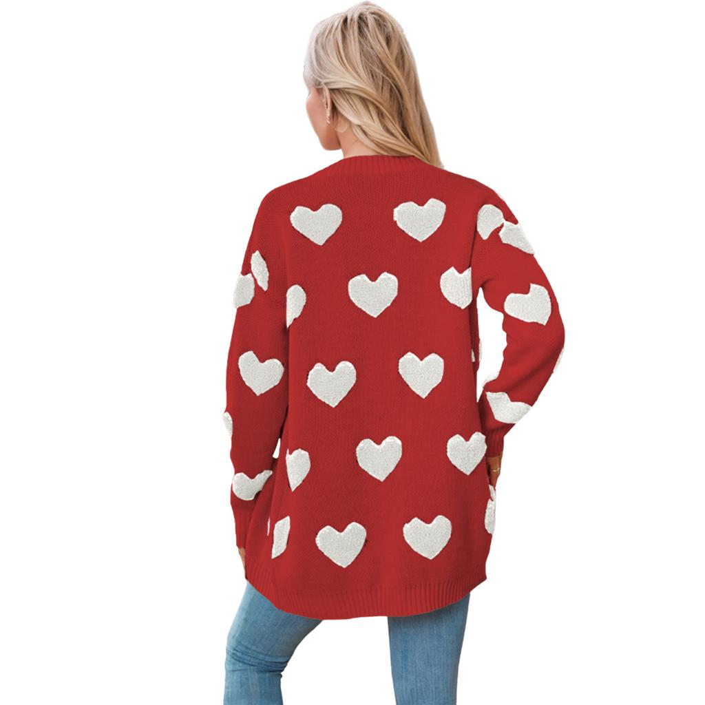 Autumn and Winter Women's Plus Size Sweater Valentine's Day Love Knitted Cardigan V-Neck Button Mid-Length Jacket