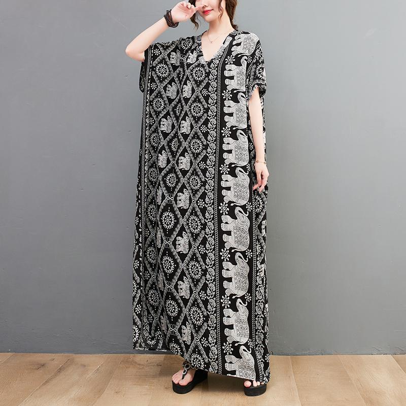 Плюс размер Новое летнее платье Цветочное льняное V-образное вырезное повседневное женское большое повседневное черное платье большого размера
