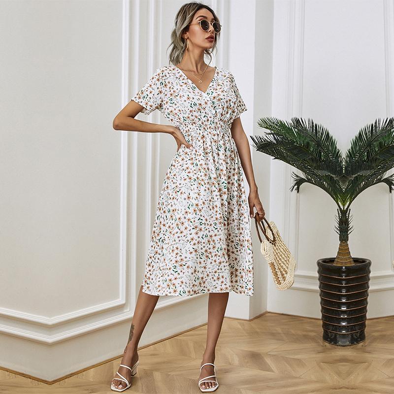 Лето-осеннее длинное платье с цветочным принтом, женское повседневное облегающее платье с v-образным вырезом и коротким рукавом, высокой талией, S-XL