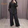 2 Pcs/Set Women Top Pants Suit Round Neck Half Single-breasted Long Sleeves Loose Blouse Wide Leg Pure Color Trousers Casual Pantsuit Sport Clothes
