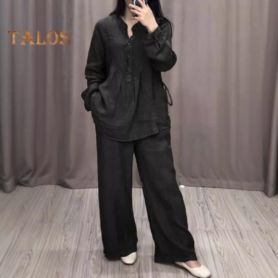 2 Pcs/Set Women Top Pants Suit Round Neck Half Single-breasted Long Sleeves Loose Blouse Wide Leg Pure Color Trousers Casual Pantsuit Sport Clothes