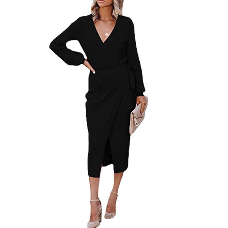 Весенне-осеннее женское длинное платье Элегантное темпераментное трикотажное платье с v-образным вырезом