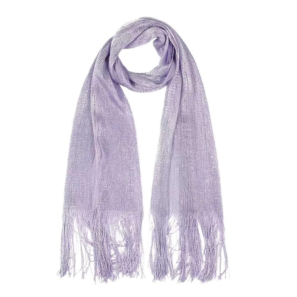 Солнцезащитный кружевной шарф с кисточками из шелка, манишка, защита шеи, яркая ажурная шаль, тонкий модный золотистый серебристый блестящий шарф