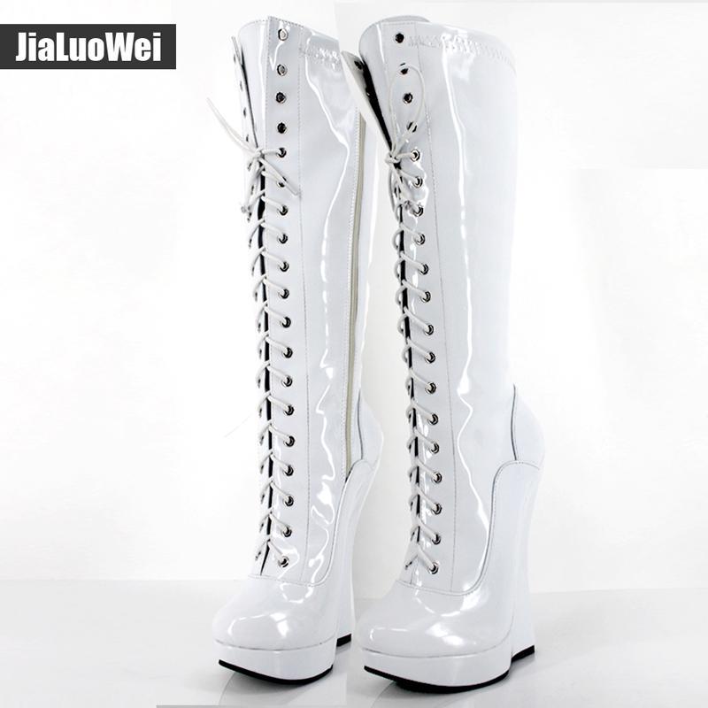 Женские балетки на шнуровке, танкетка 18 см и странный каблук, платформа 3 см, лакированная кожа, пикантные сапоги до колена на молнии в стиле фетиш