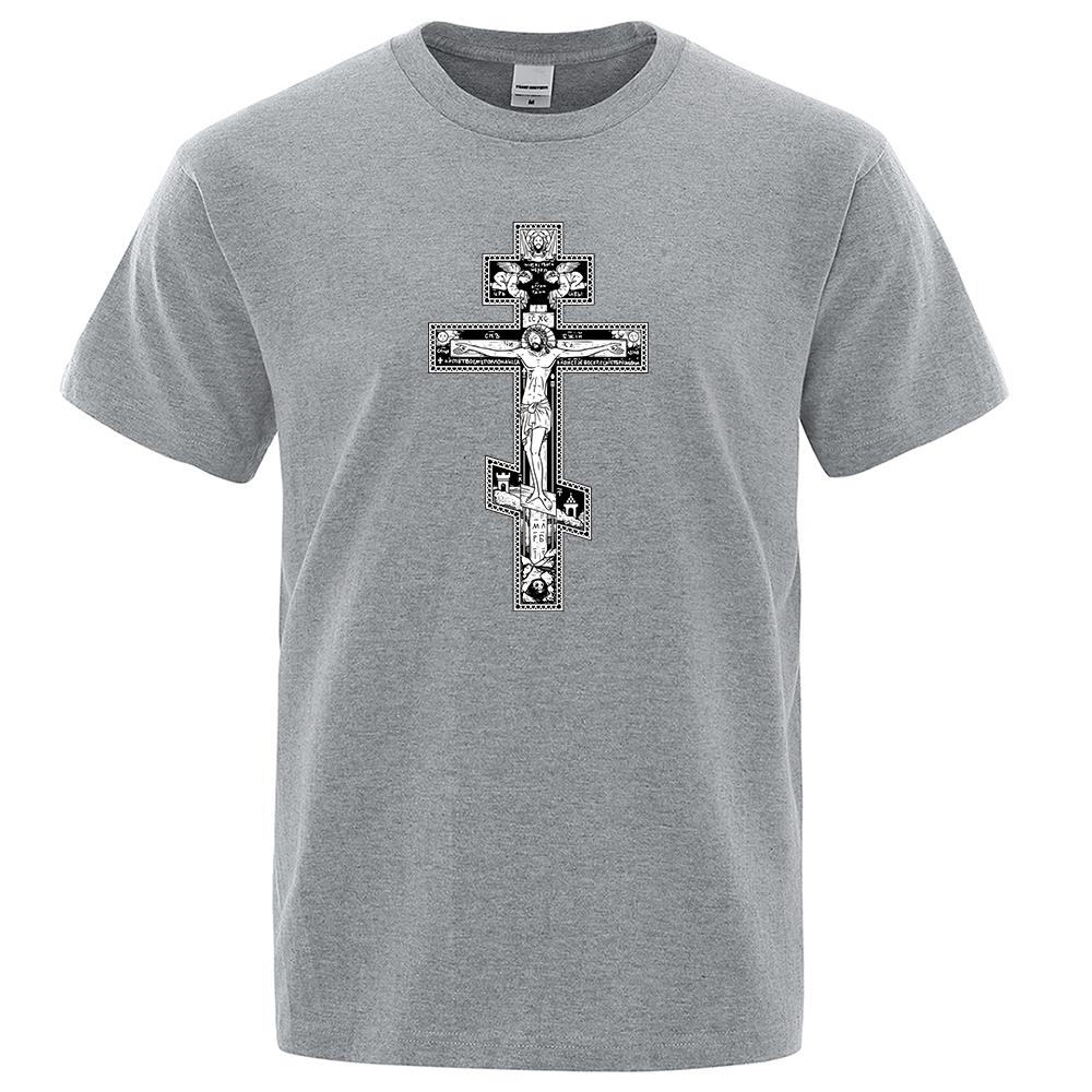 Gothic Dark Style Orthodox Cross Jesus Little Angel Male Clothing Fashion Cotton Loose Tshirt Pattern Summer Clothes