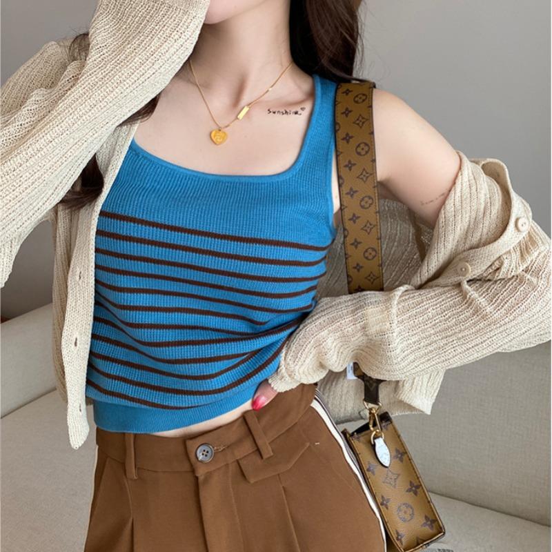 Трикотажный женский жакет с бретелькой через шею, французский полосатый топ, маленький костюм с безрукавкой и квадратным воротником