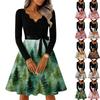 Women's Casual Fashion V-neck Long Sleeved Retro Christmas Print Retro Dress