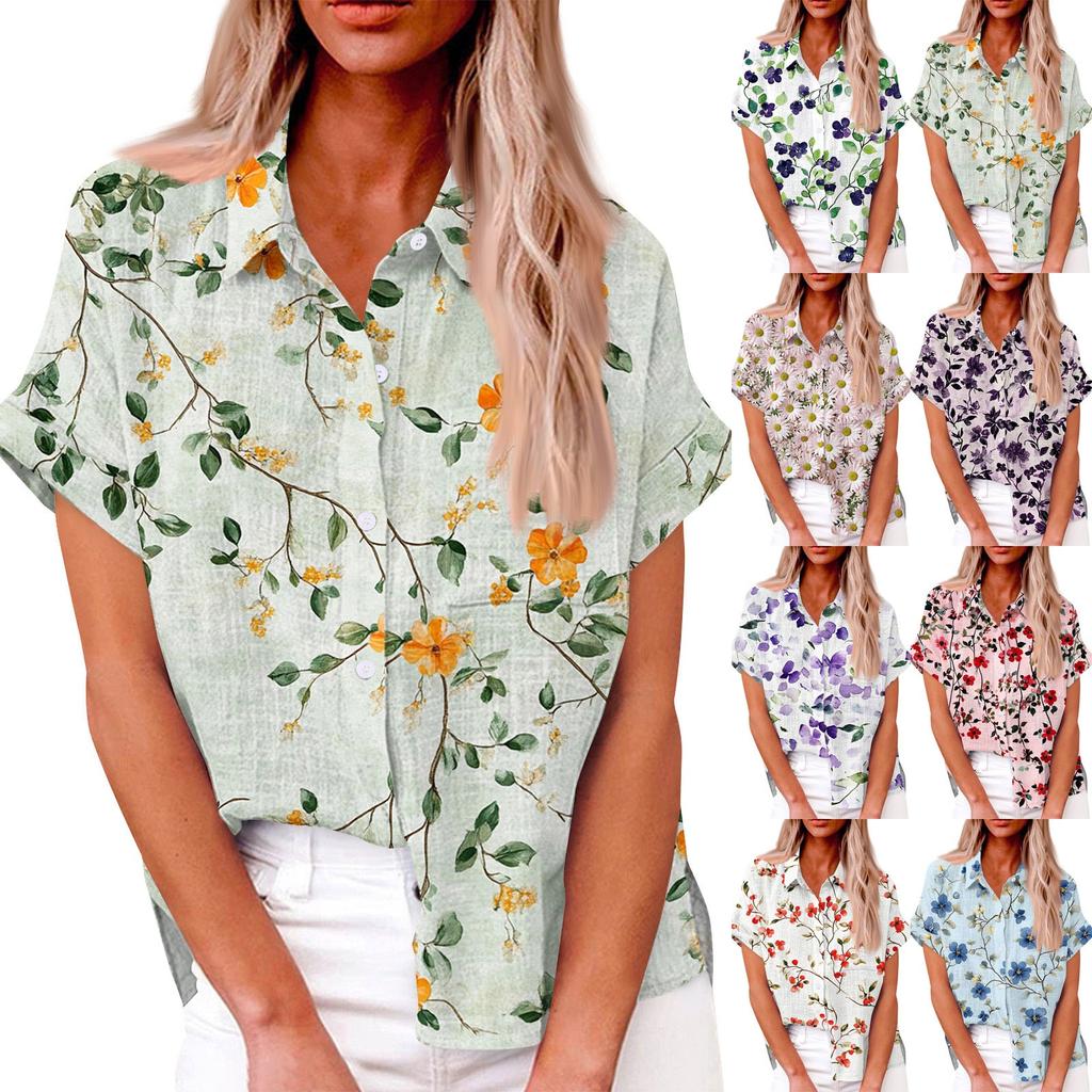 Женская модная свободная повседневная рубашка с коротким рукавом и отворотом на пуговицах, футболка с принтом, топ
