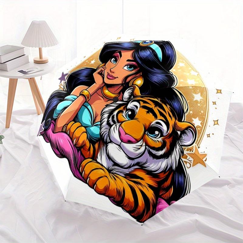 1pc Princess Jasmine and the Tiger Automatic Open/CloseUmbrella-CuteUmbrella with Cute Design, Portable 3-Fold Compact Umbrella for Men & Wo