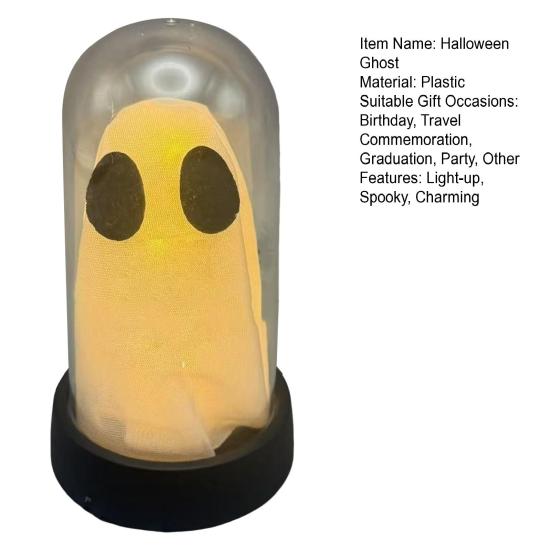Хэллоуин Привидение Украшение Светящееся Привидение в Стеклянном Куполе Клоше Милое Белое Привидение со Светодиодной Подсветкой для Дома Кухни Каминной Полки Настольный Декор
