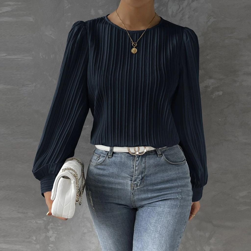 Women's Fashionable Round Neck Long Sleeved Solid Color Loose Shirt Top